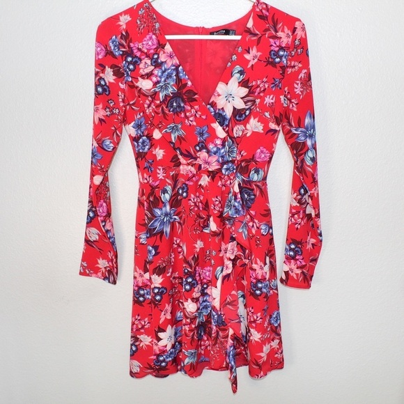 BERSHKA Red Floral Print Wrap Long Sleeve Mini Dress - Size Small - Picture 5 of 8